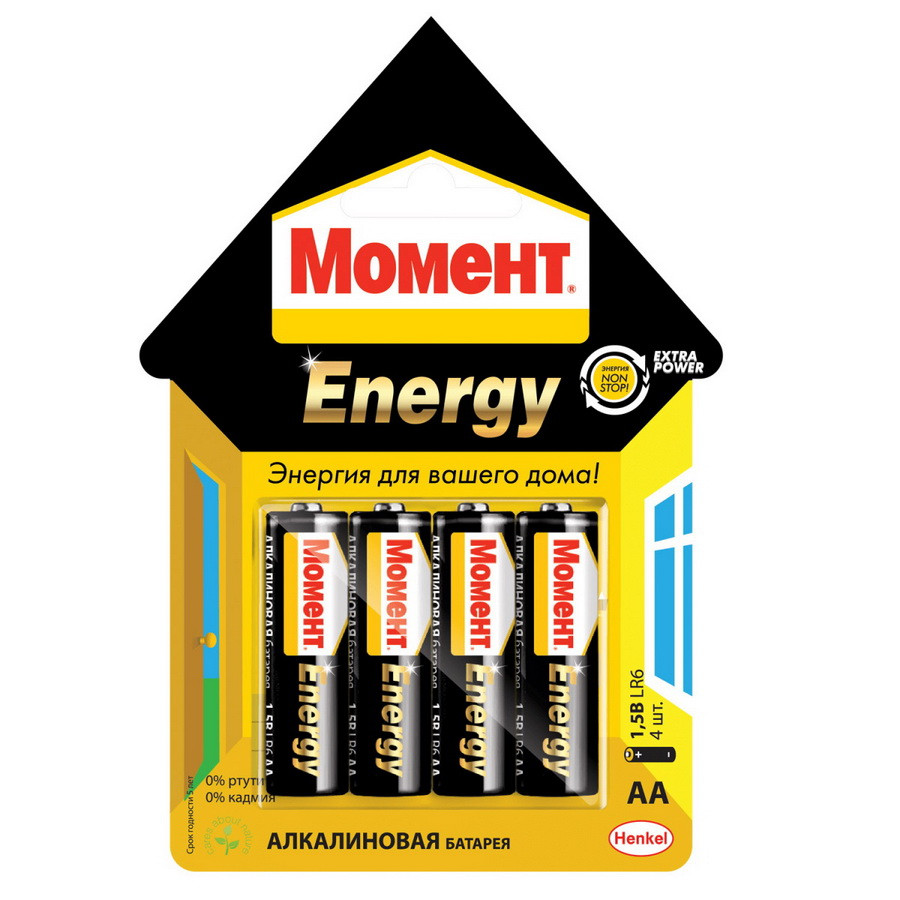 Батарейка алкалиновая, тип АА, Момент Energy (4шт/упак) - MOM-LR6-4BL