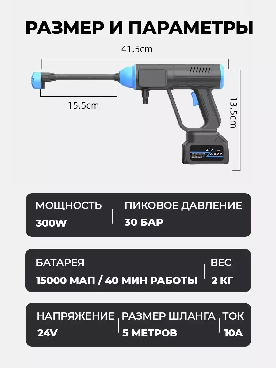 Мойка высокого давления аккумуляторная CHINESE BOX (чёрный-голубой) - фото 4 - id-p215530256