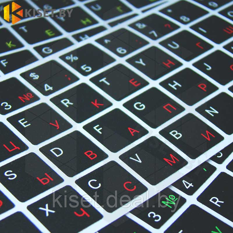 Виниловые наклейки черные на клавиатуру MacBook (красные символы ENRU-V50104) - фото 2 - id-p215422150