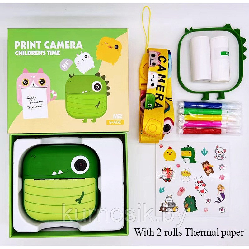 Фотоаппарат детский с мгновенной печатью, фотокамера с печатной бумагой Print Camera M2 Зеленый динозаврик - фото 2 - id-p215534982