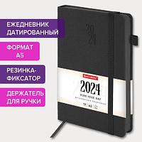 Ежедневник датированный 2024 А5 138х213 мм "Plain", под кожу, с резинкой, черный