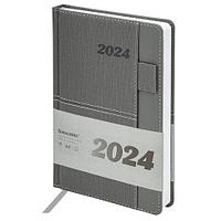 Ежедневник датированный 2024 А5 138х213 мм "Pocket", под кожу, карман, держатель для ручки, серый