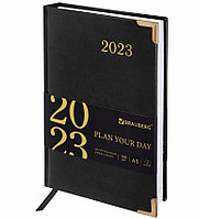 Ежедневник датированный 2023 А5 138x213 мм BRAUBERG "Senator", под кожу, черный, 114065