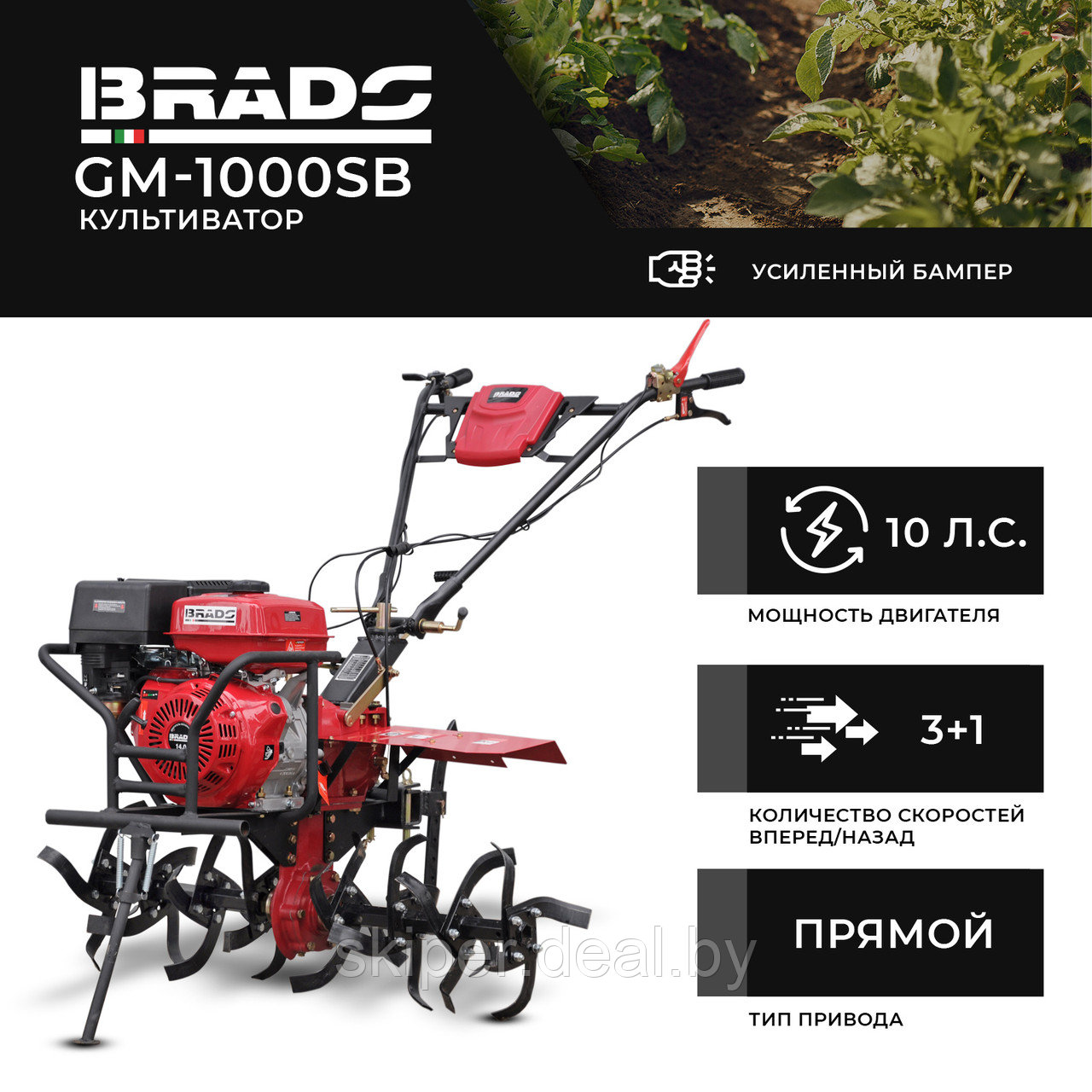 Культиватор BRADO GM-1000SB (10 л.с, без ВОМ, пон.пер, 3+1,кенгурятник, без колёс) - фото 1 - id-p192510051