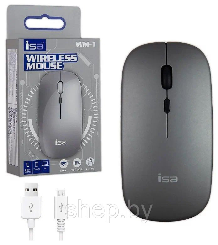 Беспроводная аккумуляторная мышь ISA WM-1, 500 mah, 1200DPI, Plug & Play бесшумная цвет: белый, серый, черный - фото 2 - id-p215598172