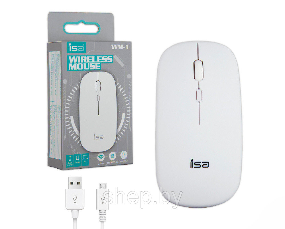 Беспроводная аккумуляторная мышь ISA WM-1, 500 mah, 1200DPI, Plug & Play бесшумная цвет: белый, серый, черный - фото 3 - id-p215598172