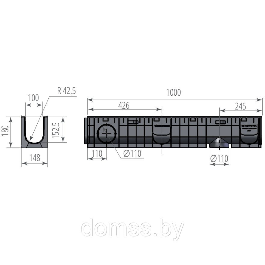 Пластиковый водоотводный Лоток ЛВП Norma DN100H180 A,В,C 1000 х148х180 в сборе с Решеткой штампованной оцинков - фото 1 - id-p215614834