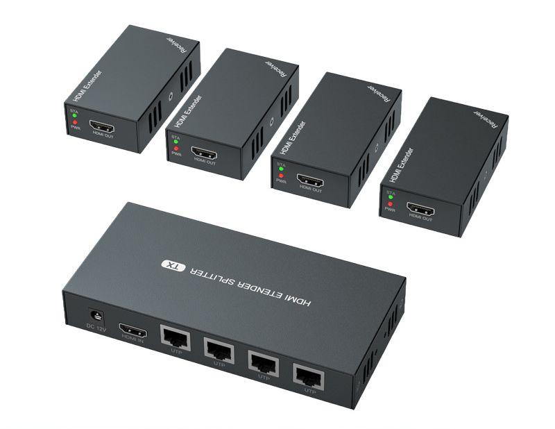 Разветвитель, сплиттер HDMI 1x4 FullHD 1080p до 60 метров - удлинитель сигнала по витой паре RJ45 UTP (LAN),