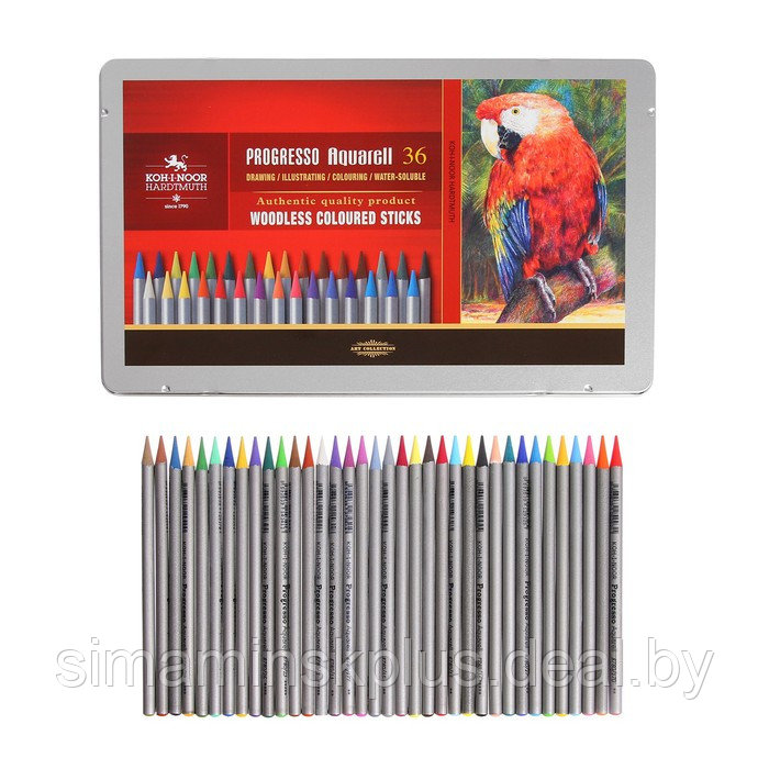 Карандаши акварельные набор 36 цветов, цельнографитовые Koh-I-Noor Progresso Aquarell, в металлическом пенале - фото 1 - id-p215712165
