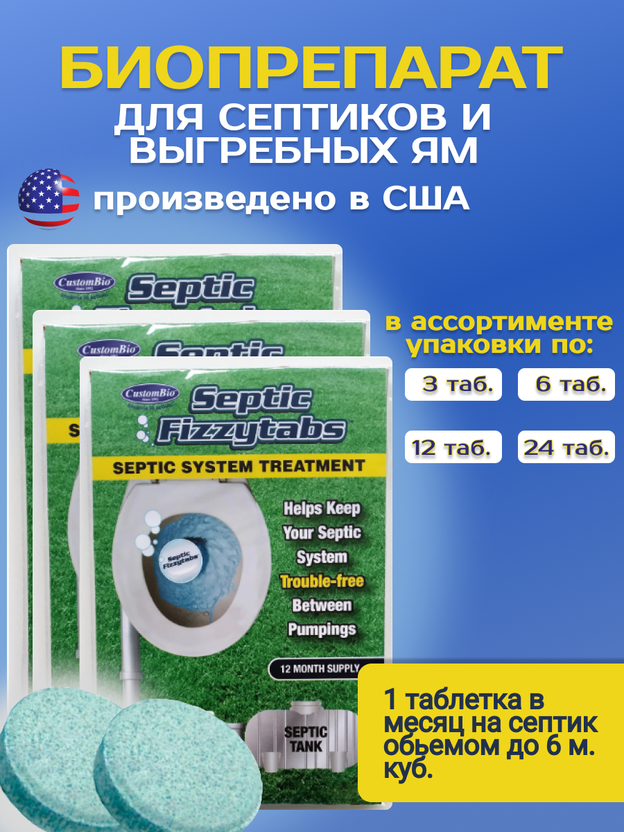 Упаковка биопрепарата (24 таблетки) 8,75 рубля, на 5,6 м.куб. септика в месяц, пр-ва США