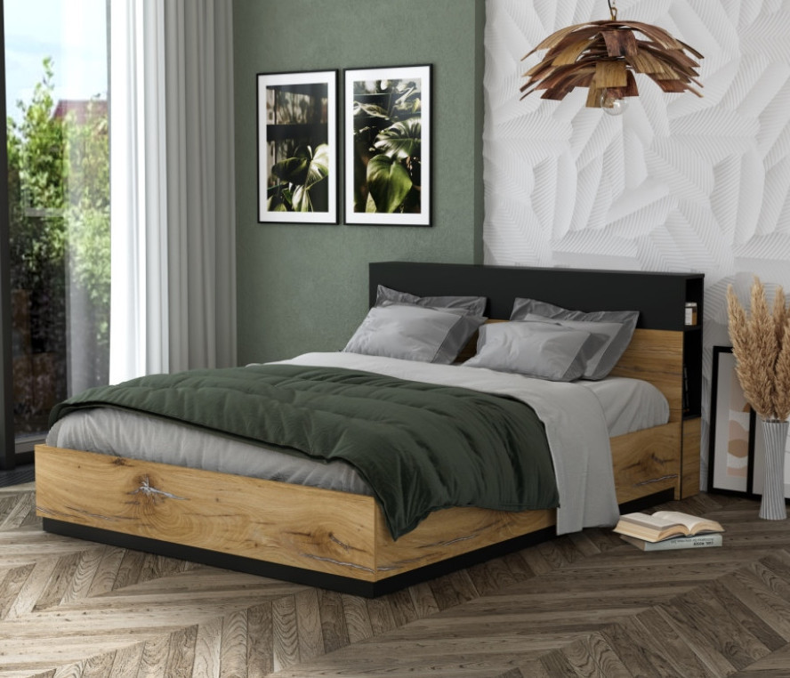 Кровать двойная Quartz (Кварц) с подъемным механизмом Дуб нокс/Черный