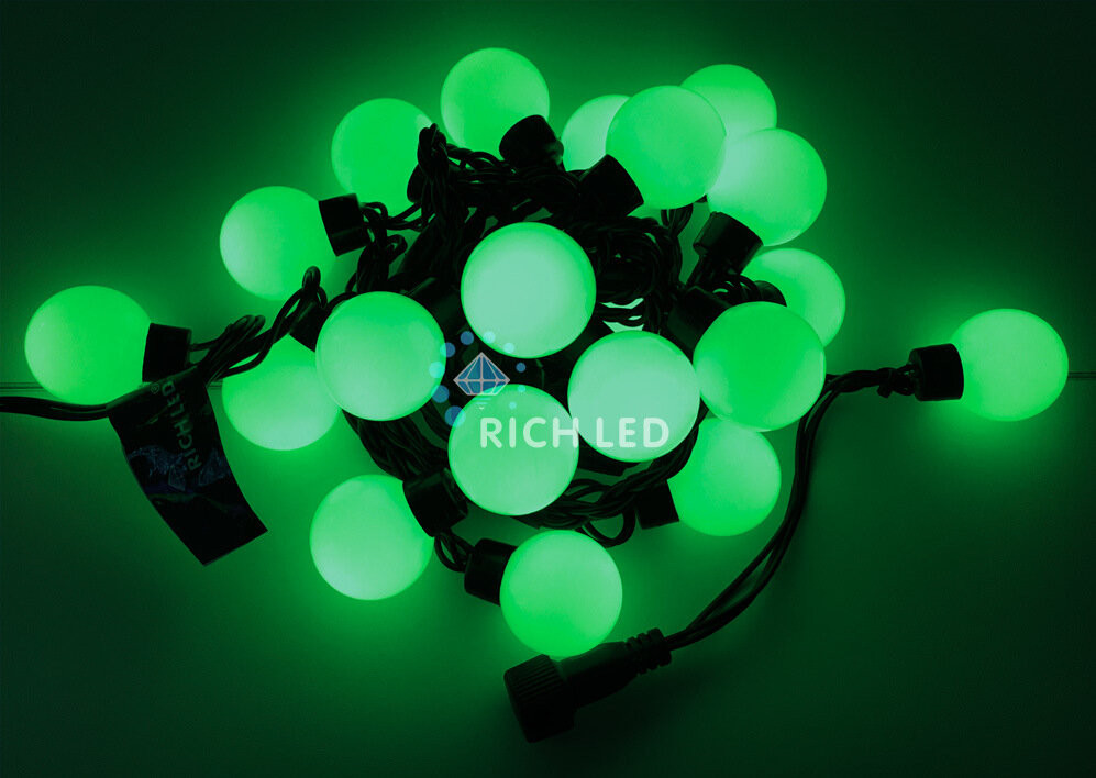 Светодиодная гирлянда большие шарики Rich LED 5 м, 20 шариков, 220 В, соединяемая, зеленая, черный провод, - фото 1 - id-p215730914