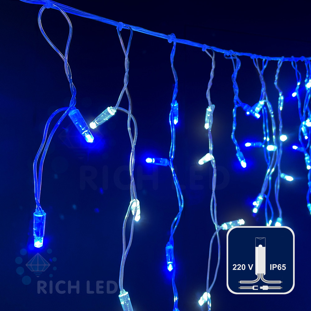 Светодиодная бахрома Rich LED, 3*0.5 м, влагозащитный колпачок, сине-белая, прозрачный провод,