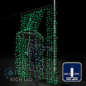 Светодиодный занавес (дождь) Rich LED 2*3 м, влагозащитный колпачок, зеленый, белый провод,