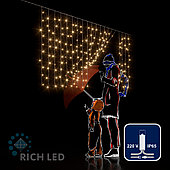 Светодиодный занавес (дождь) Rich LED 2*1 м облегченный, влагозащитный колпачок, тепло белый, прозрачный