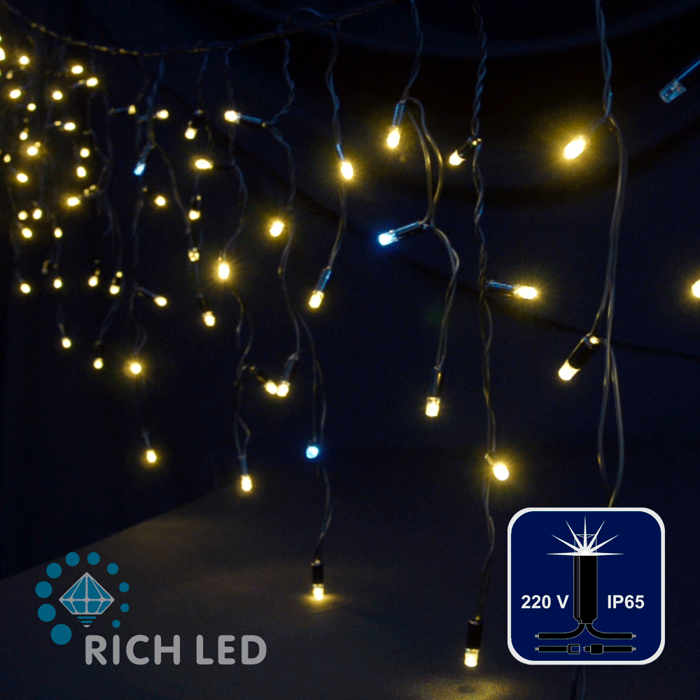 Светодиодная бахрома Rich LED, 3*0.5 м, влагозащитный колпачок IP65, мерцающая, тепло белая, черный провод,