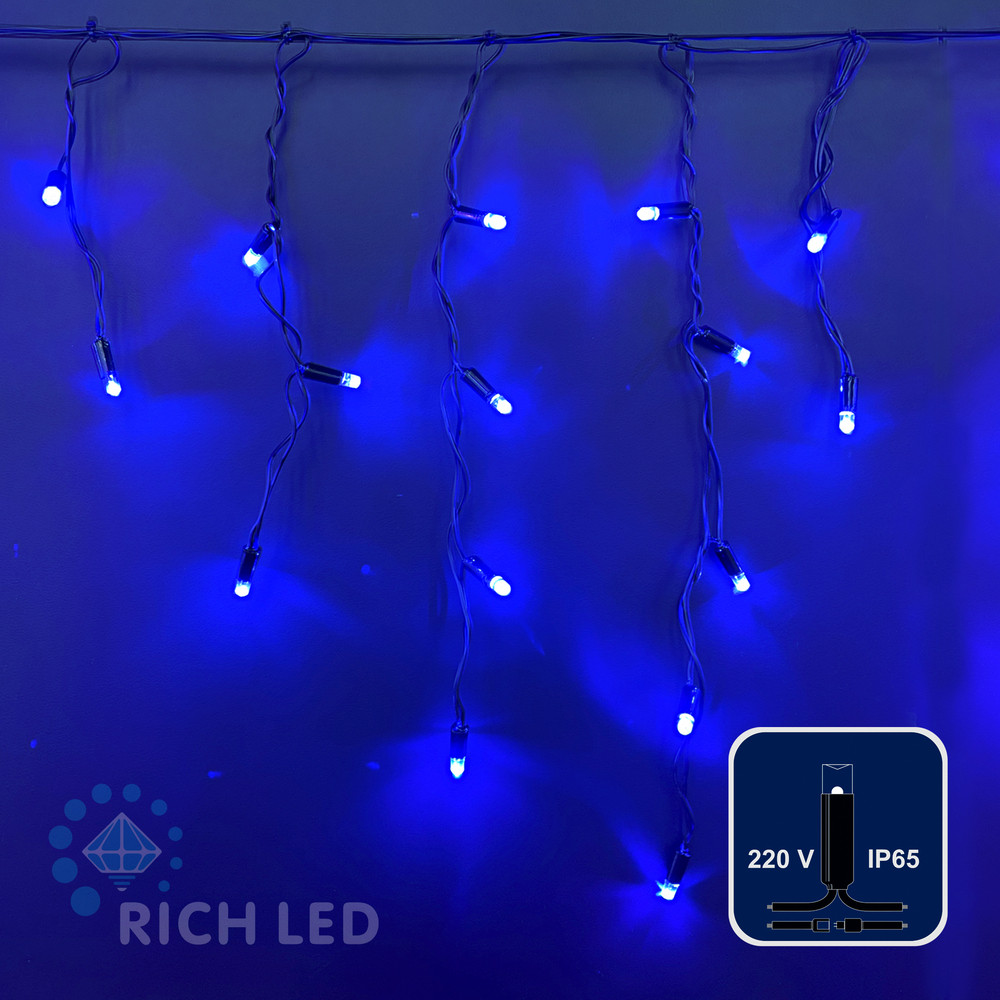 Светодиодная бахрома Rich LED, 3*0.5 м, влагозащитный колпачок IP65, синий, черный провод,