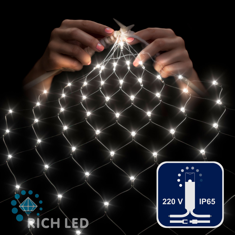 Светодиодная сетка Rich LED 2*3 м, белая, 388 LED, 220 B, прозрачный провод, колпачок