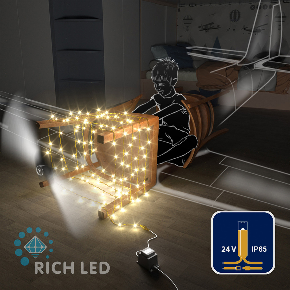 Светодиодная гирлянда Rich LED 10 м, 100 LED, 24В, соединяемая, влагозащитный колпачок, статика, теплая белая,