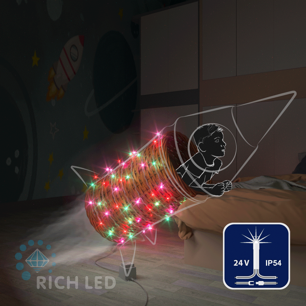 Светодиодная гирлянда Rich LED 10 м, 100 LED, 24 В, соединяемая, RGP, мерцающая, прозрачный провод