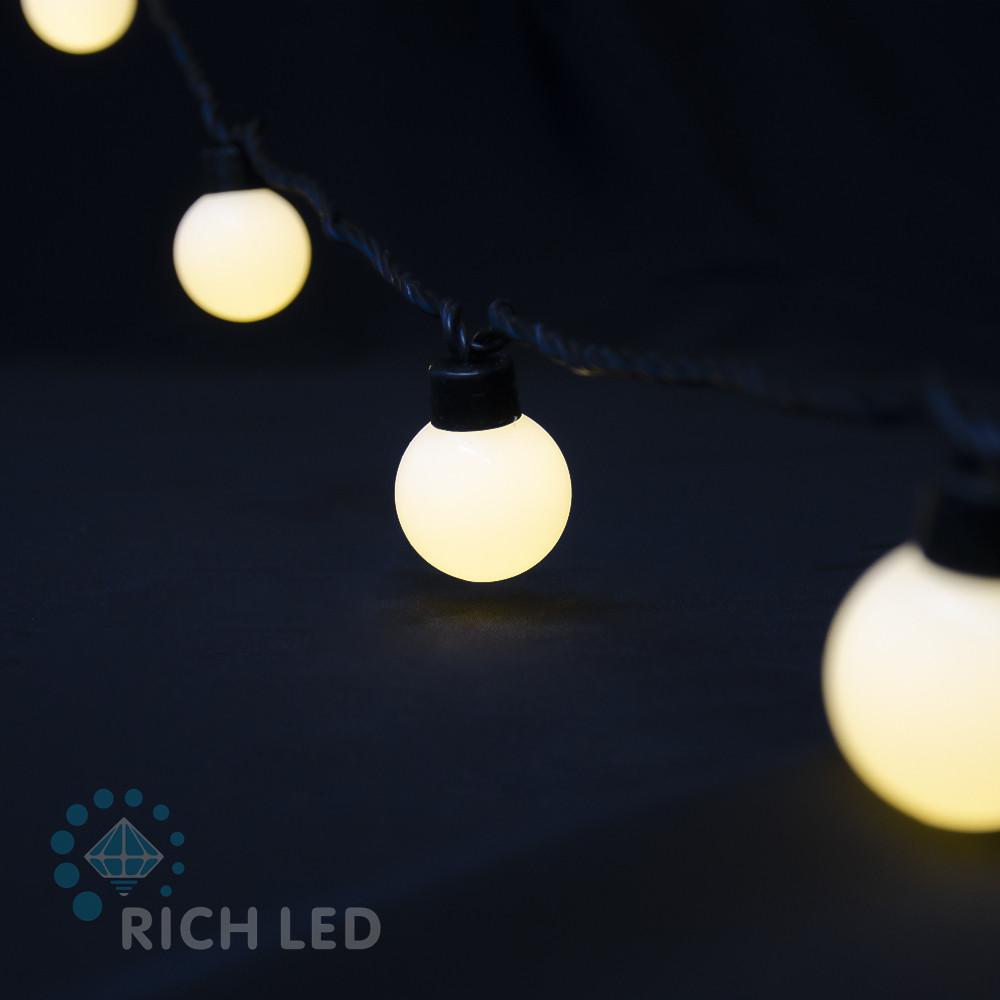 Светодиодная гирлянда большие шарики Rich LED 5 м, 20 шариков, 220 В, соединяемая, теплая белая, черный