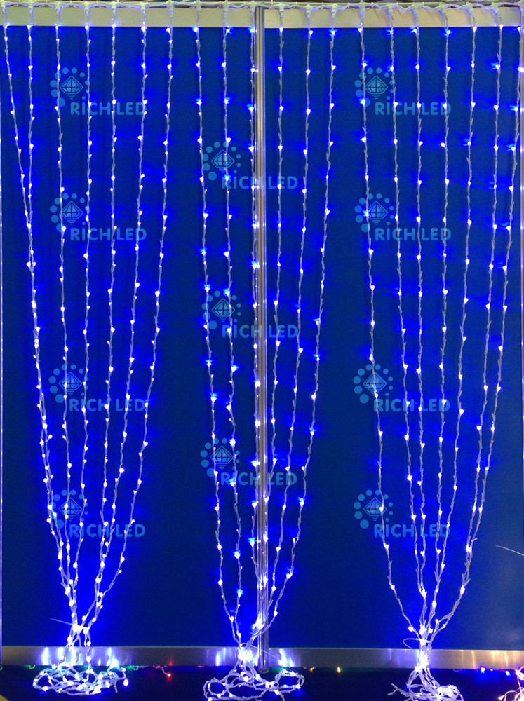 Светодиодный занавес водопад Rich LED 2*3 м, синий, 585 LED, 220 В, прозрачный провод,