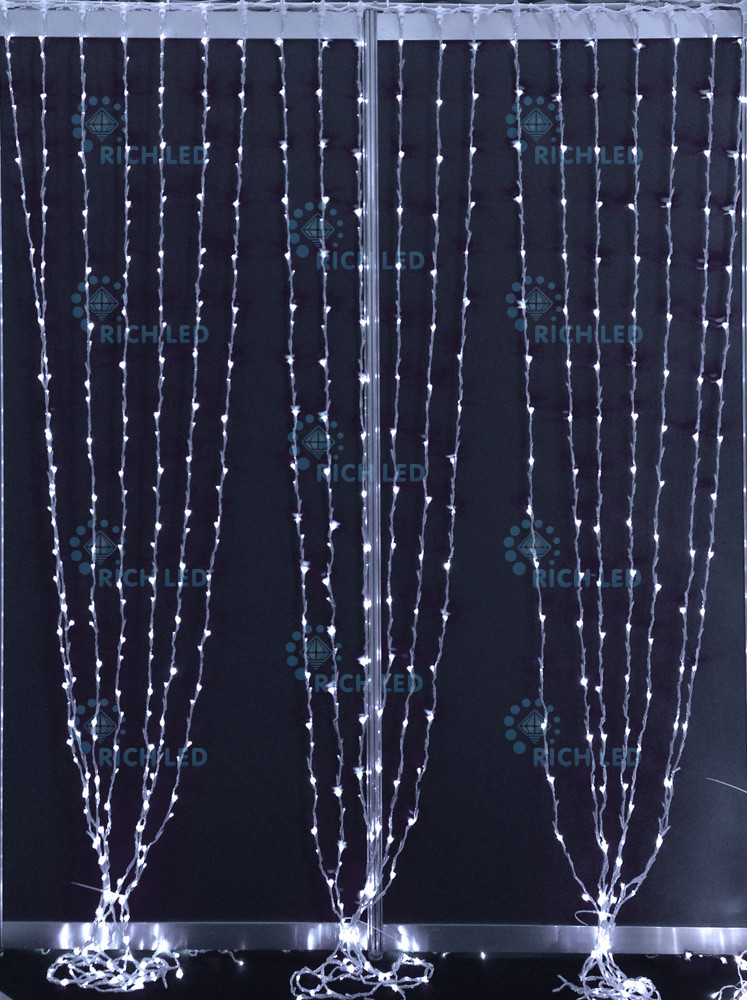 Светодиодный занавес водопад Rich LED 2*3 м, белый, 585 LED, 220 В, прозрачный провод, - фото 1 - id-p215731084