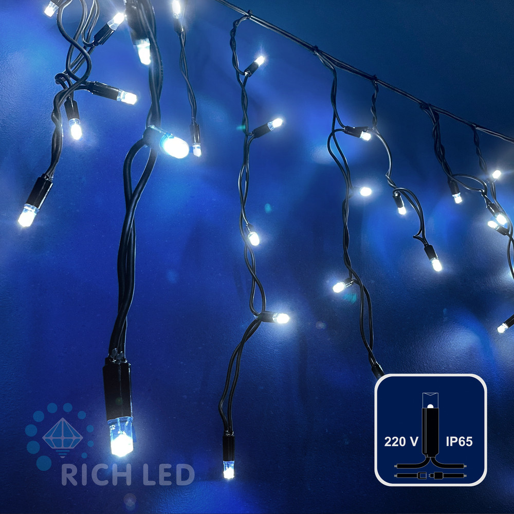 Светодиодная бахрома Rich LED, 3*0.5 м, белая, черный резиновый провод,