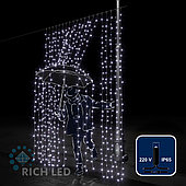 Светодиодный занавес (дождь) Rich LED 2*3 м, влагозащитный колпачок, белый, черный провод,