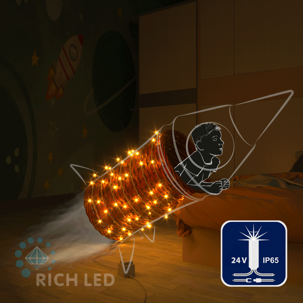 Светодиодная гирлянда Rich LED 10 м, 100 LED, 24В, соединяемая, влагозащитный колпачок, желтая, мерцающая,