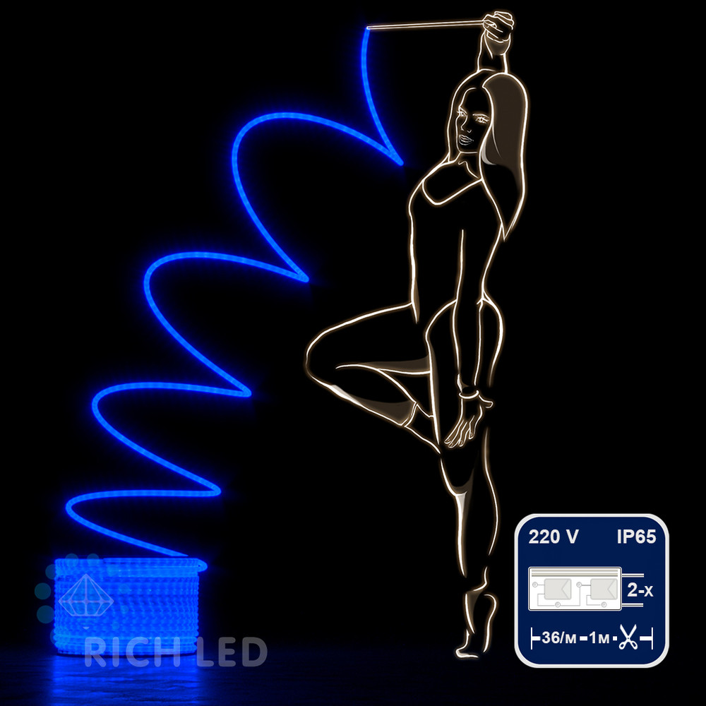 Светодиодный дюралайт Rich LED, 2-х проводной, матовый, синий, кратность резки 1 метр, диаметр 13 мм, 220 В, - фото 1 - id-p215731151