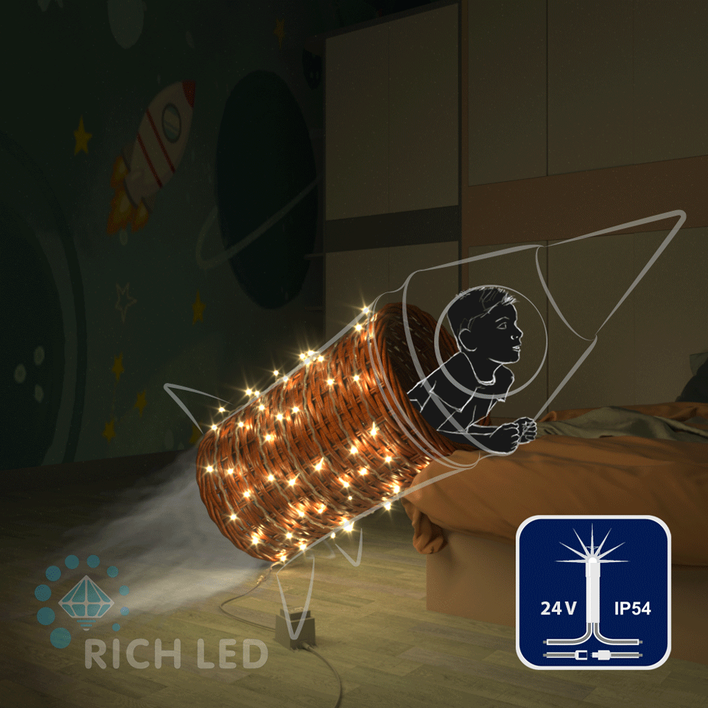 Светодиодная гирлянда Rich LED 10 м, 100 LED, 24 В, защита IP54, соединяемая, теплая белая, мерцающая,