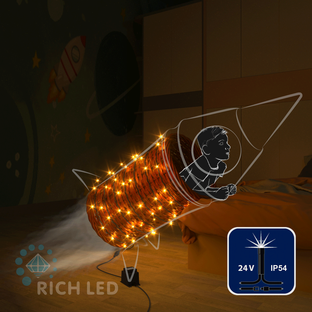 Светодиодная гирлянда Rich LED 10 м, 100 LED, 24 В, соединяемая, желтая, мерцающая, черный провод,