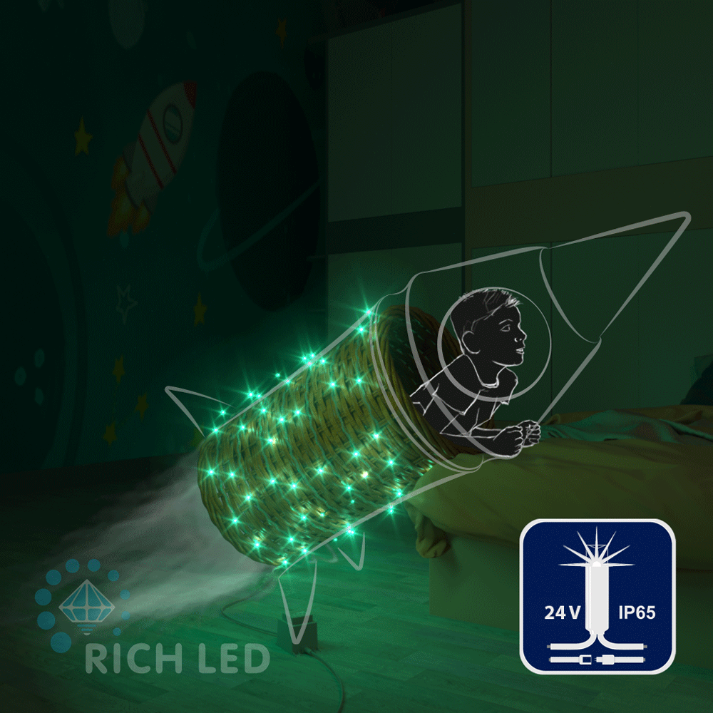Светодиодная гирлянда Rich LED 10 м, 100 LED, 24В, соединяемая, влагозащитный колпачок, зеленая, мерцающая,