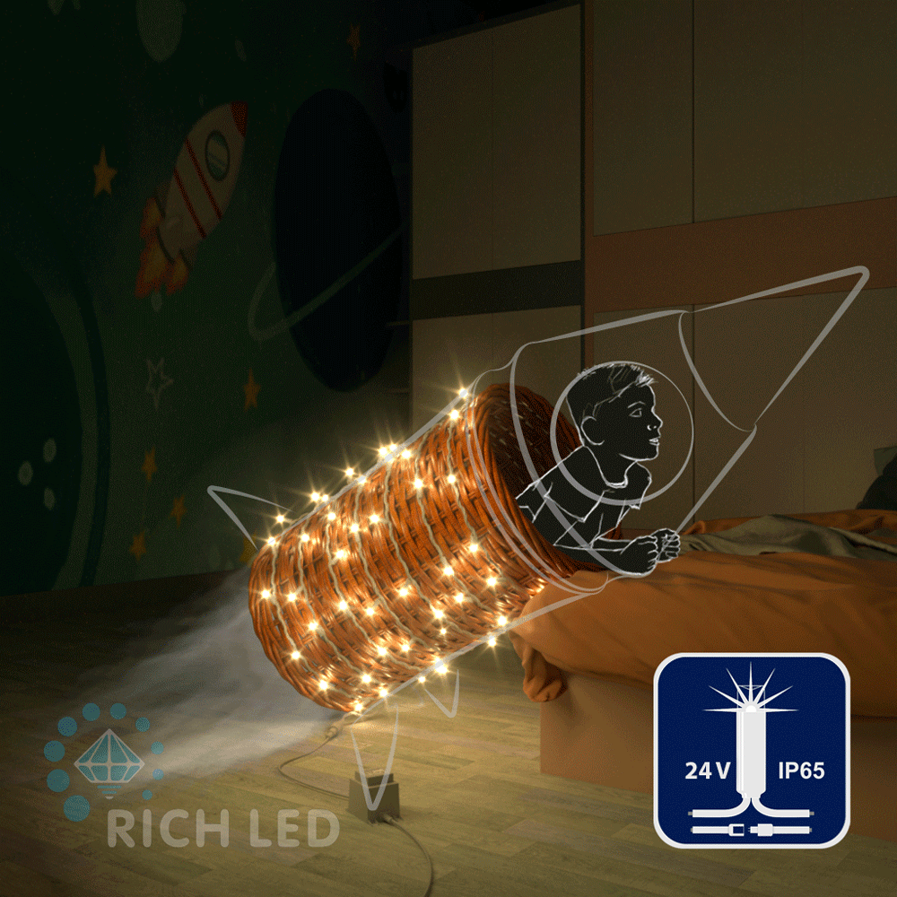 Светодиодная гирлянда Rich LED 10 м, 100 LED, 24В, соединяемая, влагозащитный колпачок, теплая белая,