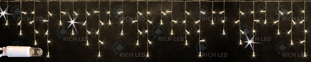 Светодиодная бахрома Rich LED, 3*0.5 м, влагозащитный колпачок, мерцающая, теплая белая, белый провод,