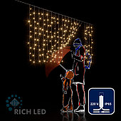 Светодиодный занавес (дождь) Rich LED 2*1 м облегченный, влагозащитный колпачок, тепло белый, белый провод,