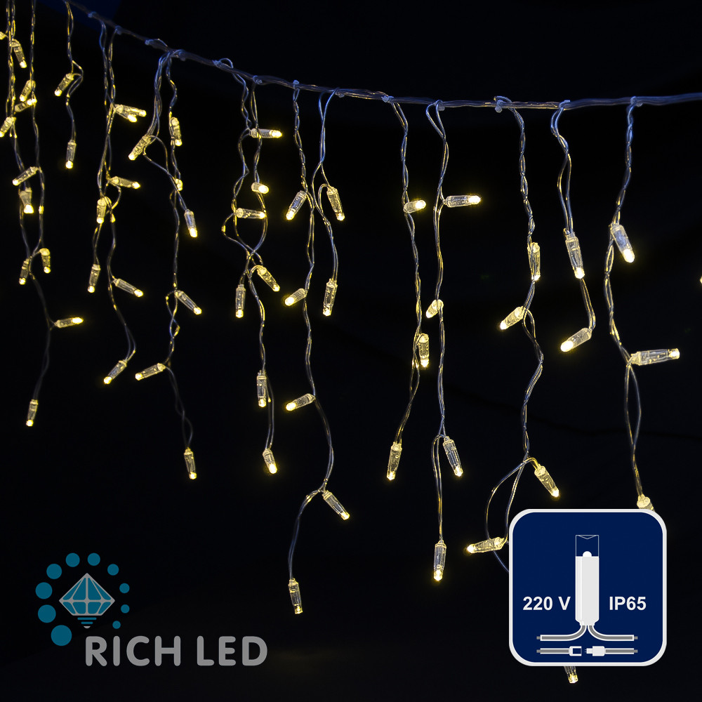 Светодиодная бахрома Rich LED, 3*0.5 м, влагозащитный колпачок, теплая белая, прозрачный провод,