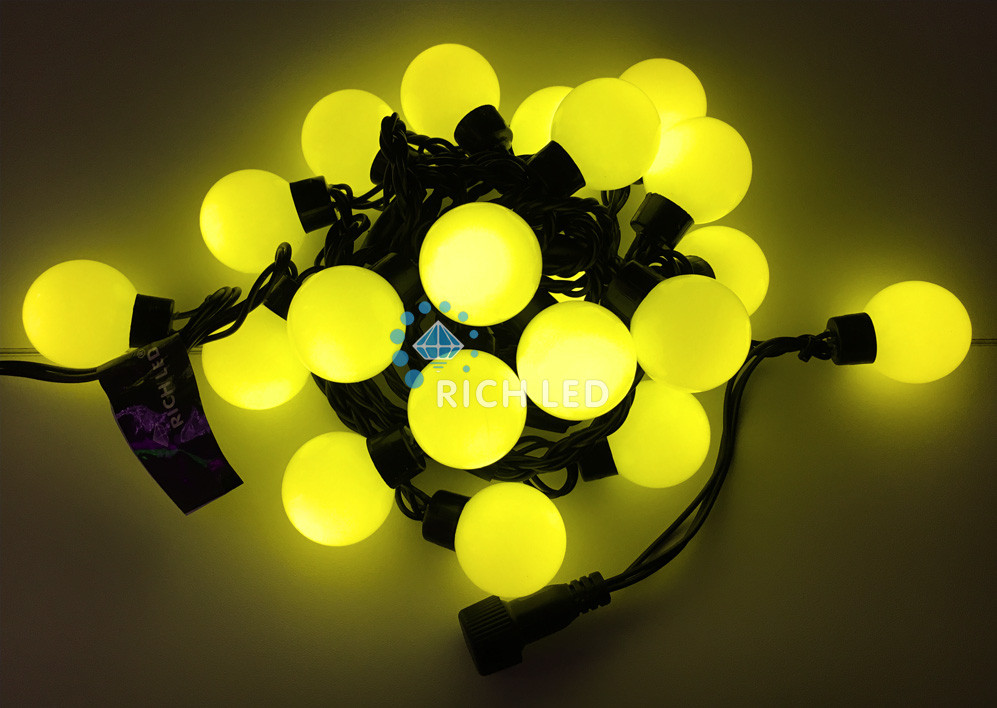 Светодиодная гирлянда большие шарики Rich LED 5 м, 20 шариков, 220 В, соединяемая, желтая, черный провод, - фото 1 - id-p215731255