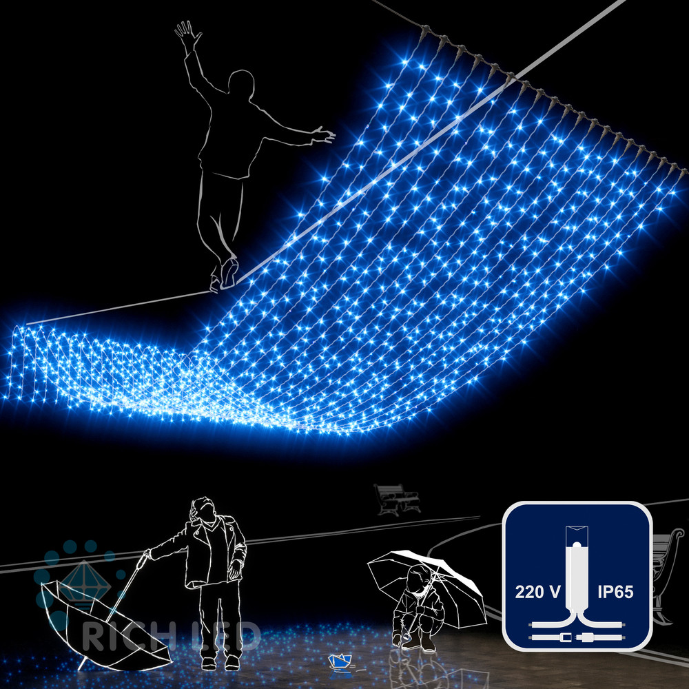 Светодиодный занавес (дождь) Rich LED 2*6 м, влагозащитный колпачок, синий, белый провод, - фото 1 - id-p215731262