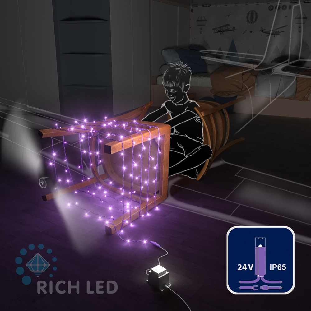 Светодиодная гирлянда Rich LED 10 м, 100 LED, 24 В, соединяемая, фиолетовая, фиолетовый резиновый провод,