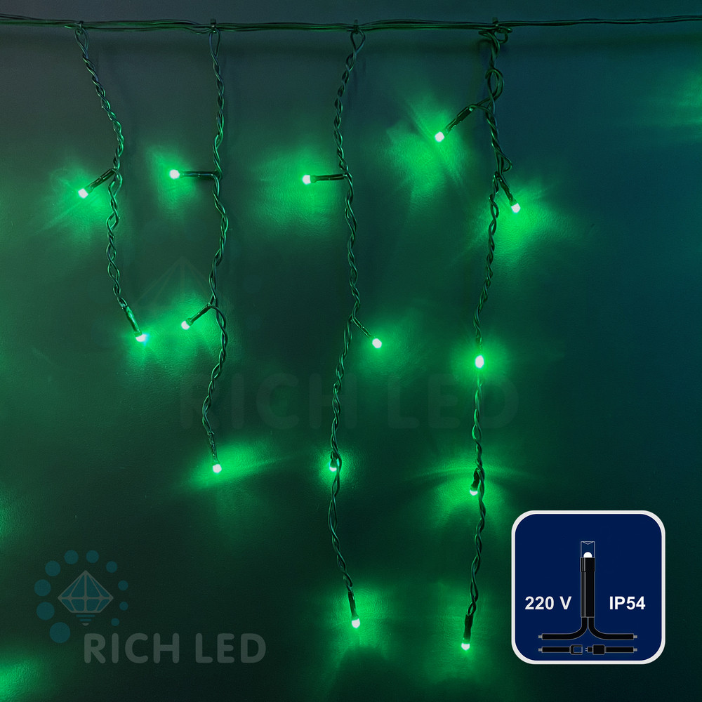 Светодиодная бахрома Rich LED, 3*0.5 м, зелёная, черный провод,