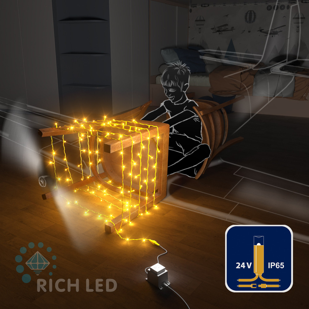 Светодиодная гирлянда Rich LED 10 м, 100 LED, 24 В, соединяемая, желтая, желтый резиновый провод,