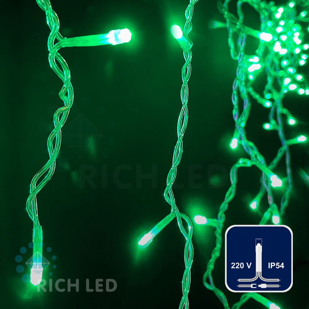 Светодиодная бахрома Rich LED, 3*0.5 м, зеленая, прозрачный провод,