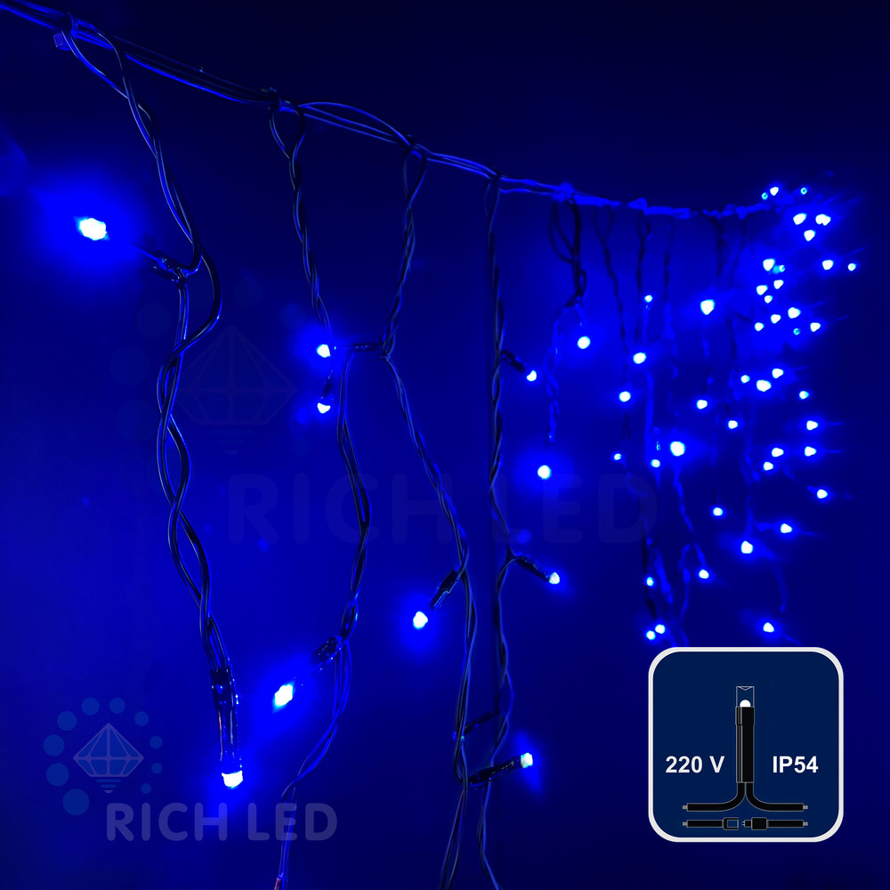 Светодиодная бахрома Rich LED, 3*0.5 м, синяя, черный провод,