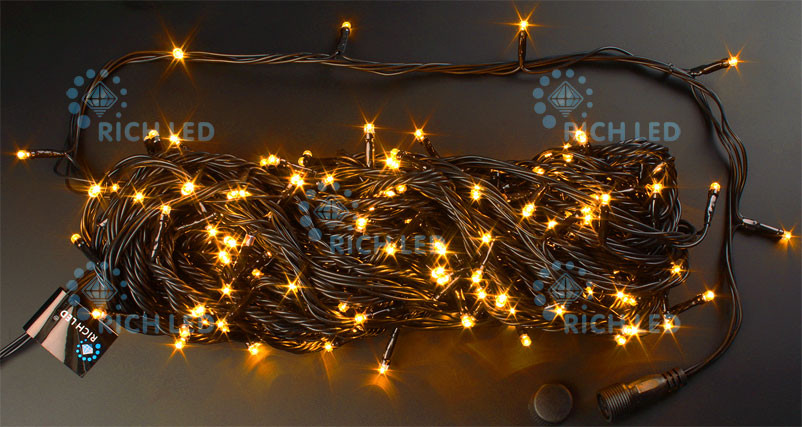 Светодиодная гирлянда Rich LED 20 м 2-канальная, 200 LED, 220 В, желтая, черный провод, соединяемая,