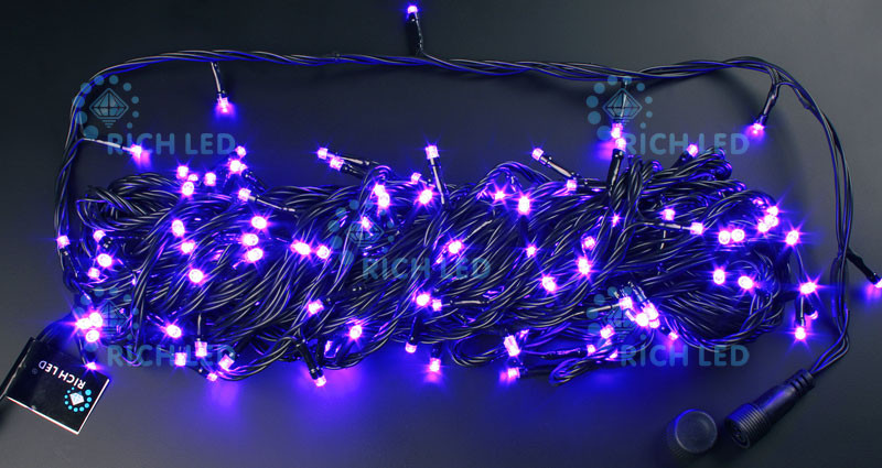 Светодиодная гирлянда Rich LED 20 м 2-канальная, 200 LED, 220 В, фиолетовая, черный провод, соединяемая,