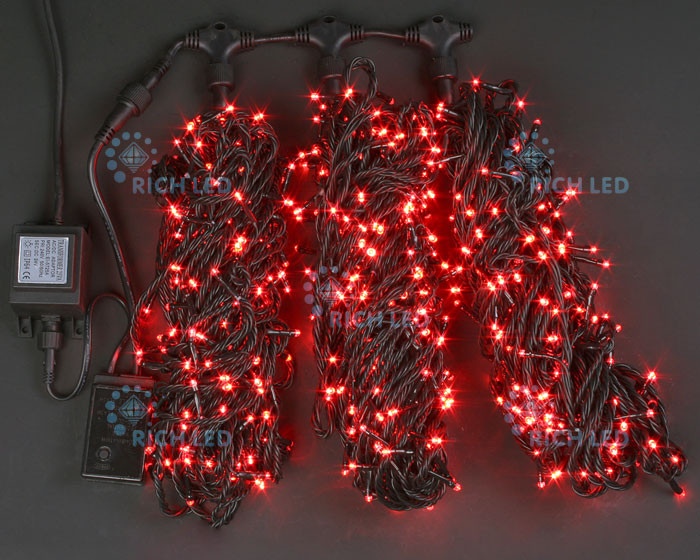 Светодиодная гирлянда Rich LED 3 Нити по 20 м с 2-х канальным контр., 600 LED, 24 В, красная, черный провод, - фото 1 - id-p215731416