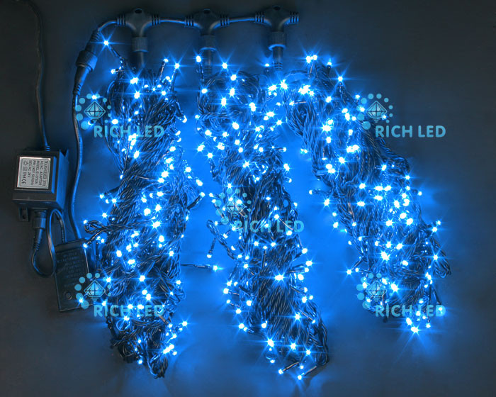 Светодиодная гирлянда Rich LED 3 Нити по 20 м с 2-х канальным контр., 600 LED, 24 В, синяя, черный провод, - фото 1 - id-p215731418