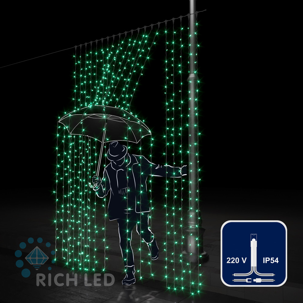 Светодиодный занавес (дождь) Rich LED 2*3 м, зеленый, прозрачный провод,